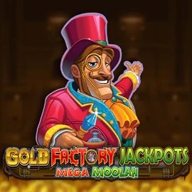 Gold Factory Jackpots Mega Moolah online game logo by Aurum Signature Studios on pelikaanifi.com