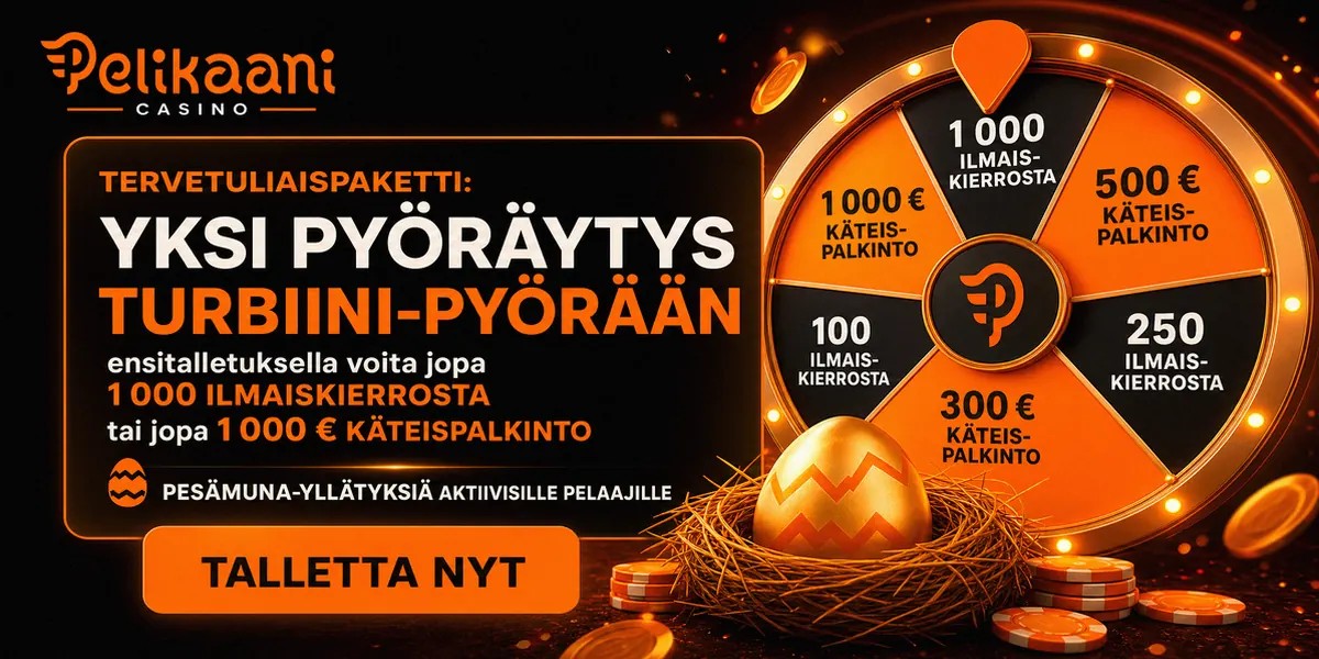 Welcome bonus promotion banner for Pelikaani Casino online casino, localized for FI.