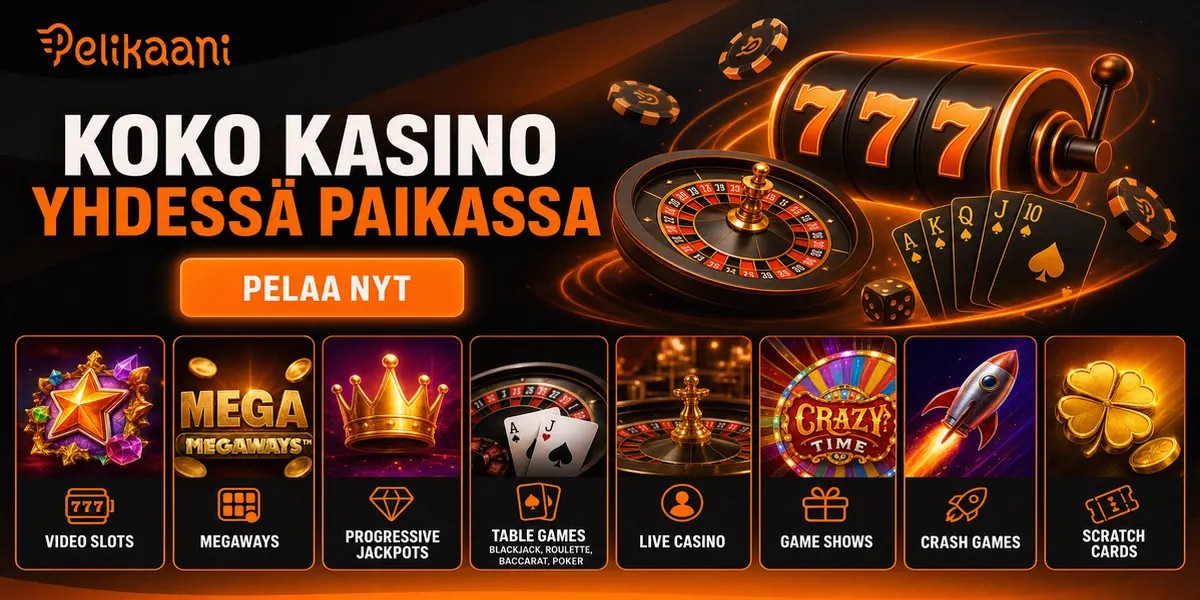 Homepage hero banner for Pelikaani Casino online casino, localized for FI.